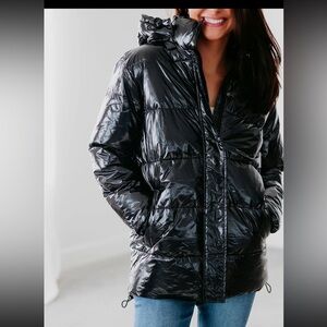 Mono B Faux Leather Jacket Size Large Black Puffer High Neckline Removable Hood